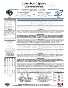 Columbus Clippers Game #105 Game Information Home Game #54