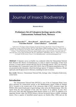 Preliminary List of Coleoptera Heritage Species of the Talassemtane National Park, Morocco
