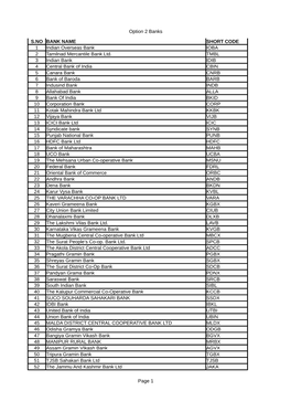 Option 2 Banks Page 1 S.NO BANK NAME SHORT CODE 1 Indian