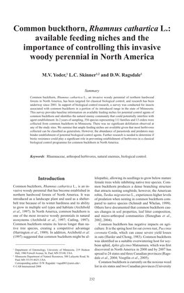 Common Buckthorn, Rhamnus Cathartica L.: Available Feeding Niches and the Importance of Controlling This Invasive Woody Perennial in North America