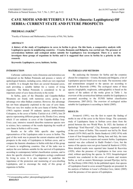 CAVE MOTH and BUTTERFLY FAUNA (Insecta: Lepidoptera) of SERBIA: CURRENT STATE and FUTURE PROSPECTS