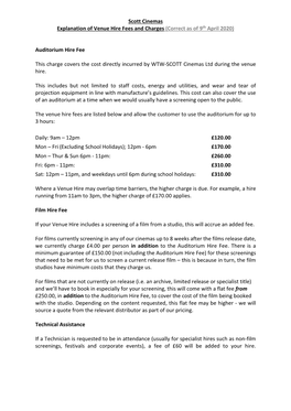 Scott Cinemas Explanation of Venue Hire Fees and Charges (Correct As of 9 Th April 2020)