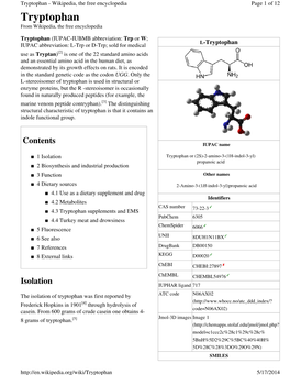 Tryptophan - Wikipedia, the Free Encyclopedia Page 1 of 12 Tryptophan from Wikipedia, the Free Encyclopedia