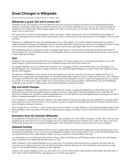 Great Changes in Wikipedia by Lars Aronsson (User:LA2) Lars@Aronsson.Se, October 2008 Wikipedia Is Great