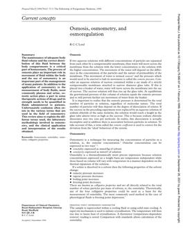 Current Concepts Osmosis, Osmometry, and Osmoregulation