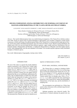 Species Composition, Spatial Distribution and Temporal Occurence of Mayflies (Ephemeroptera) in the Vlasina River (Southeast Serbia)