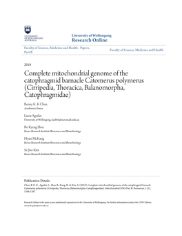 Complete Mitochondrial Genome of the Catophragmid Barnacle Catomerus Polymerus (Cirripedia, Thoracica, Balanomorpha, Catophragmidae) Benny K
