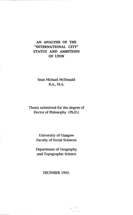 Sean Michael Mcdonald B.A., M.A. Thesis Submitted for the Degree Of