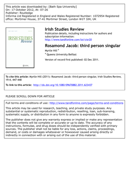 Rosamond Jacob: Third Person Singular Myrtle Hill a a Queens University Belfast Version of Record First Published: 02 Dec 2011