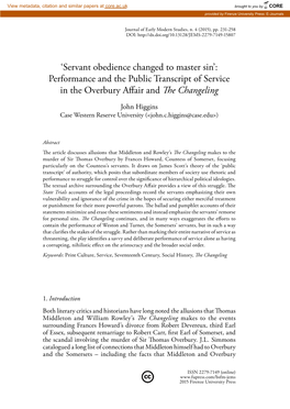 Performance and the Public Transcript of Service in the Overbury Aff Air and Th E Changeling