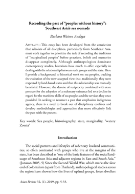 Recording the Past of “Peoples Without History”: Southeast Asia's Sea Nomads Barbara Watson Andaya