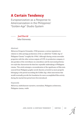 A Certain Tendency Europeanization As a Response to Americanization in the Philippines’ “Golden-Age” Studio System