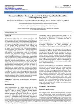 Molecular and Culture-Based Analyses of Soil Bacteria in Ngere Tea Catchment Area of Murang’A County, Kenya