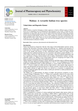 Mahua: a Versatile Indian Tree Species JPP 2020; 9(6): 1926-1931 Received: 26-08-2020 Accepted: 08-10-2020 Vishal Johar and Rupender Kumar