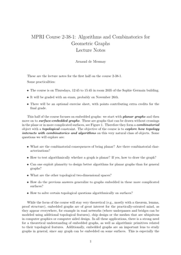 Algorithms and Combinatorics for Geometric Graphs Lecture Notes