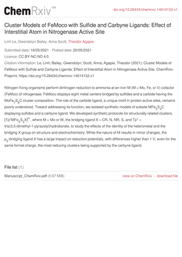 Cluster Models of Femoco with Sulfide and Carbyne Ligands: Effect of Interstitial Atom in Nitrogenase Active Site