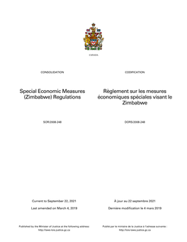 Special Economic Measures (Zimbabwe) Regulations Règlement Sur Les Mesures Économiques Spéciales Visant Le Zimbabwe