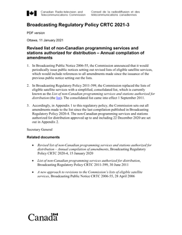 Revised List of Non-Canadian Programming Services and Stations Authorized for Distribution – Annual Compilation of Amendments