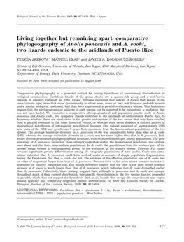 Comparative Phylogeography of Anolis Poncensis and A. Cooki, Two Lizards Endemic to the Aridlands of Puerto Rico