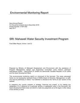 Environmental Monitoring Report SRI: Mahaweli Water Security Investment Program