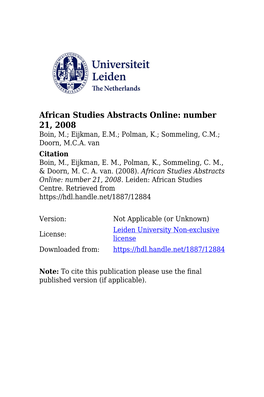 African Studies Abstracts Online: Number 21, 2008 Boin, M.; Eijkman, E.M.; Polman, K.; Sommeling, C.M.; Doorn, M.C.A