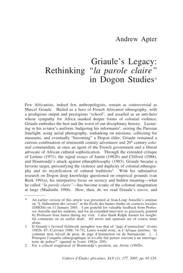 Griaule's Legacy: Rethinking “La Parole Claire” in Dogon Studies*