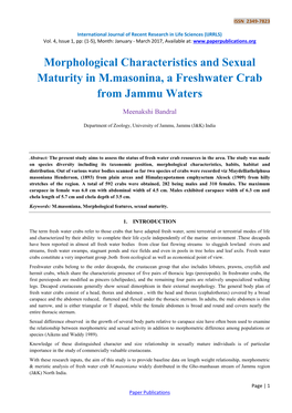 Inventory on the Diversity of Fresh Water Crabs in Some Waterbodies of Jammu