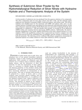 Synthesis of Submicron Silver Powder by the Hydrometallurgical Reduction of Silver Nitrate with Hydrazine Hydrate and a Thermodynamic Analysis of the System