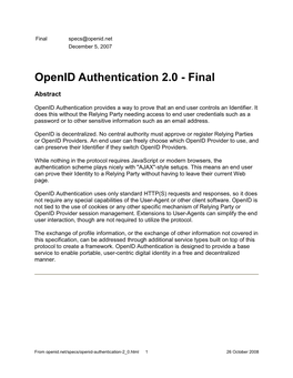 Openid Authentication 2.0 - Final