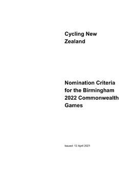 Cycling New Zealand Nomination Criteria for the Birmingham 2022