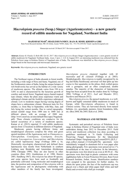 Macrolepiota Procera (Scop.) Singer (Agaricomycetes) – a New Generic Record of Edible Mushroom for Nagaland, Northeast India