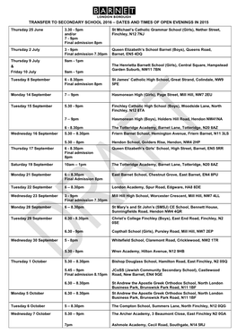 Transfer to Secondary School 2016 – Dates and Times of Open Evenings in 2015