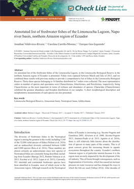 Annotated List of Freshwater Fishes of the Limoncocha Lagoon, Napo River Basin, Northern Amazon Region of Ecuador