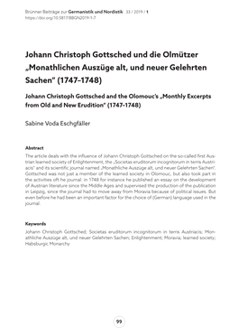 Johann Christoph Gottsched Und Die Olmützer „Monathlichen Auszüge Alt, Und Neuer Gelehrten Sachen“ (1747–1748)