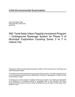 Tamil Nadu Urban Flagship Investment Program – Underground Sewerage System for Phase II of Municipal Corporation Covering Zones 3 to 7 in Vellore City