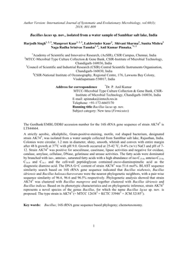 Bacillus Lacus Sp. Nov., Isolated from a Water Sample of Sambhar Salt Lake, India