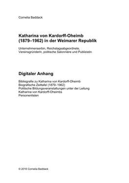 Katharina Von Kardorff-Oheimb (1879–1962) in Der Weimarer Republik Digitaler Anhang