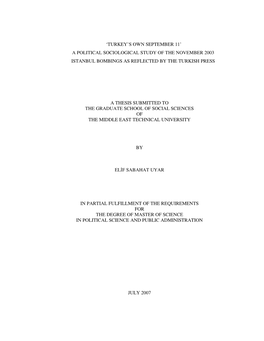 A Political Sociological Study of the November 2003 Istanbul Bombings As Reflected by the Turkish Press