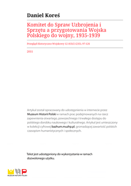 Daniel Koreś Komitet Do Spraw Uzbrojenia I Sprzętu a Przygotowania Wojska Polskiego Do Wojny, 1935-1939