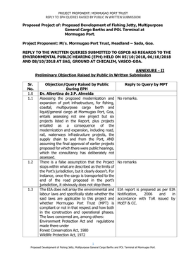 Project Proponent: Mormugao Port Trust Reply to Eph Queries Raised by Public in Written Submission