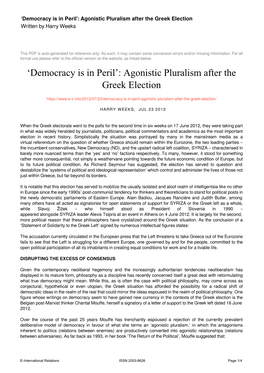 'Democracy Is in Peril': Agonistic Pluralism After the Greek Election