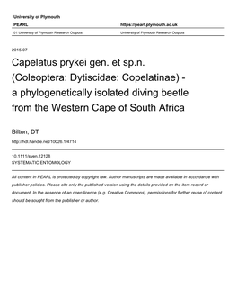 Coleoptera: Dytiscidae: Copelatinae) - a Phylogenetically Isolated Diving Beetle from the Western Cape of South Africa