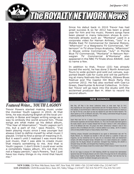 Featured Writer... YOUTH LAGOON Have Signed an Administration Deal with the Royalty Network; Inc