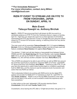 Rizin Ff Event to Stream Live on Fite Tv from Yokohama, Japan on Sunday, April 16