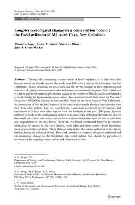 Long-Term Ecological Change in a Conservation Hotspot: the Fossil Avifauna of Me´ Aure´ Cave, New Caledonia