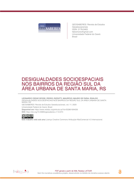 Desigualdades Socioespaciais Nos Bairros Da Região Sul Da Área Urbana De Santa Maria, Rs