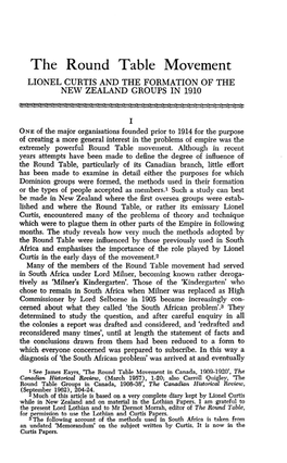 The Round Table Movement LIONEL CURTIS and the FORMATION of the NEW ZEALAND GROUPS in 1910