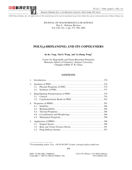 Poly(P-Dioxanone) (PPDO), and Its Copolymers