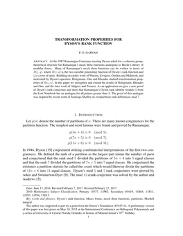 TRANSFORMATION PROPERTIES for DYSON's RANK FUNCTION Let P(N)