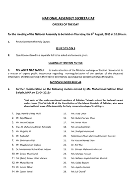 NATIONAL ASSEMBLY SECRETARIAT ORDERS of the DAY for the Meeting of the National Assembly to Be Held on Thursday, the 6Th August, 2015 at 10.30 A.M